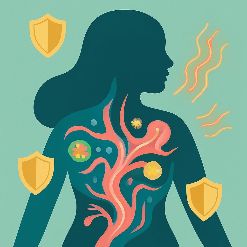 Flat vector illustration of an abstract female silhouette filled with colorful immune system motifs, signaling protection and hope for endometriosis pain relief.