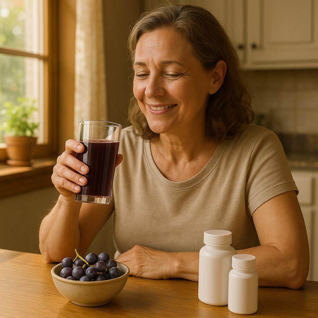 Photorealistic image of a woman at a kitchen table with wild grape juice, fresh grapes, and supplements, contemplating natural options for wellness.