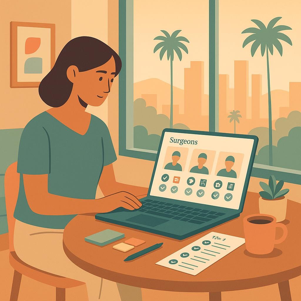 A woman in a sunlit Los Angeles apartment compares surgeon profiles on her laptop alongside a color‑coded tiered checklist for excision expertise and whole‑person care.