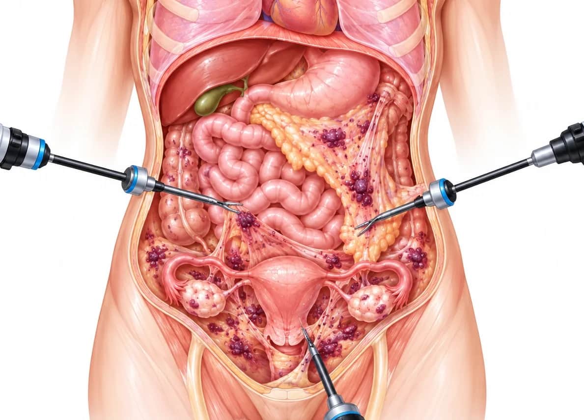 The abdomen and pelvis with endometriosis on the bowel, around the bladder, on the diaphragm and spread across many organs. Each spot links to the page for its surgery.