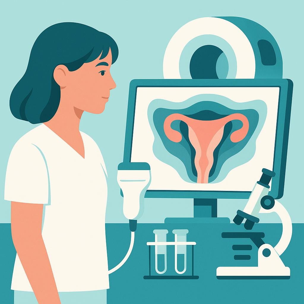 A flat vector illustration showing modern diagnostic tools (ultrasound probe, MRI silhouette, research instruments) arranged in a clinical workspace with a luminous monitor displaying abstract pelvic imaging, in a palette of teal, white, and coral.