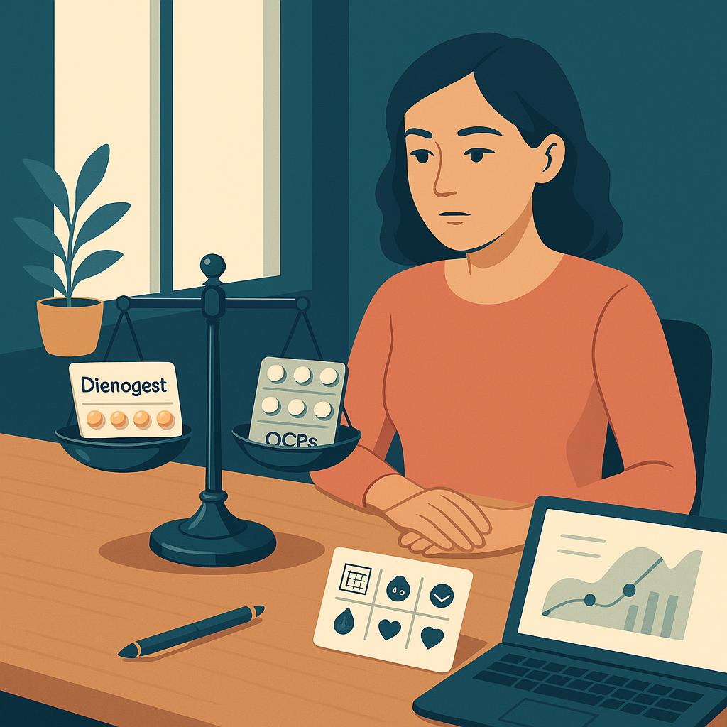 Three-quarter vector scene of a woman at a modern desk comparing a balance scale holding a dienogest blister pack and an OCP blister pack, with a printed card of neutral icons for pain patterns, quality of life, and side effects.