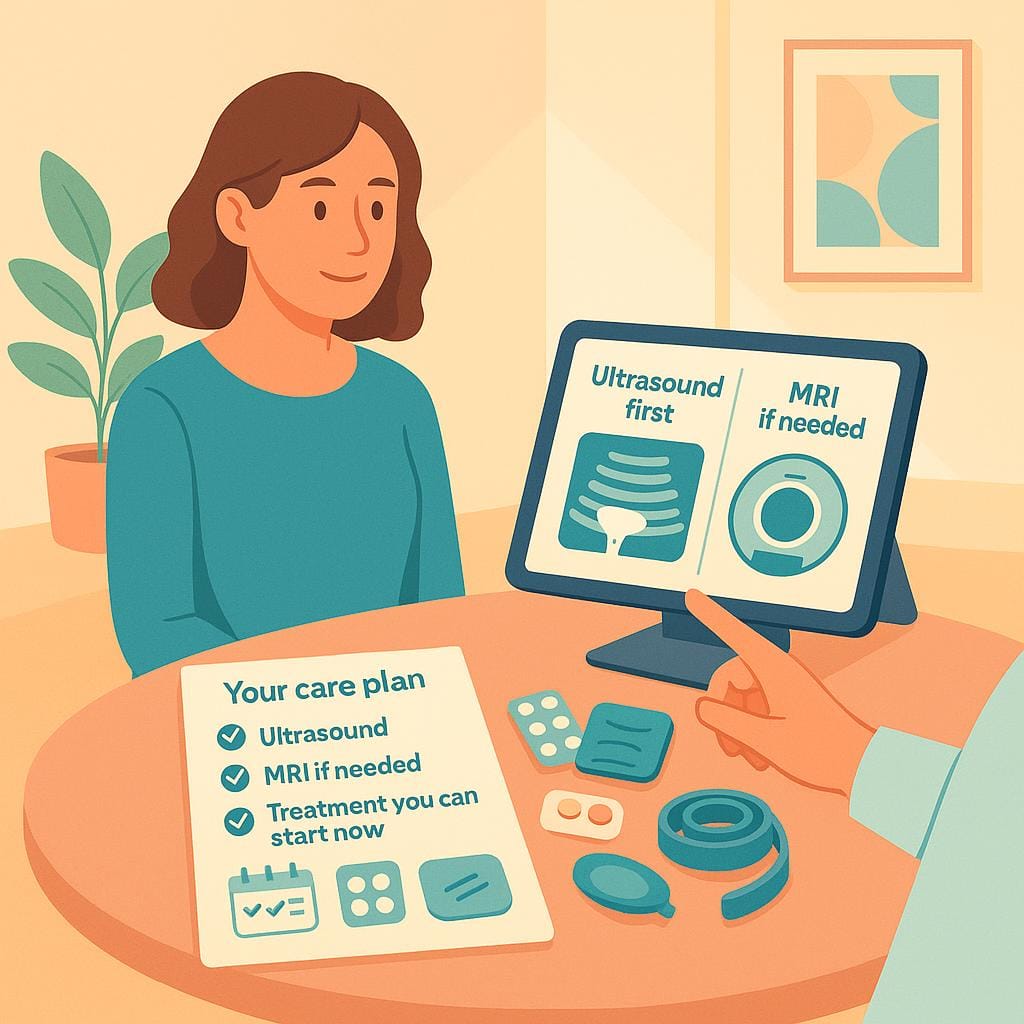 A welcoming clinic scene shows a woman reviewing a tablet with ultrasound-first and MRI-if-needed panels beside a simple treatment checklist and actionable icons on the table.