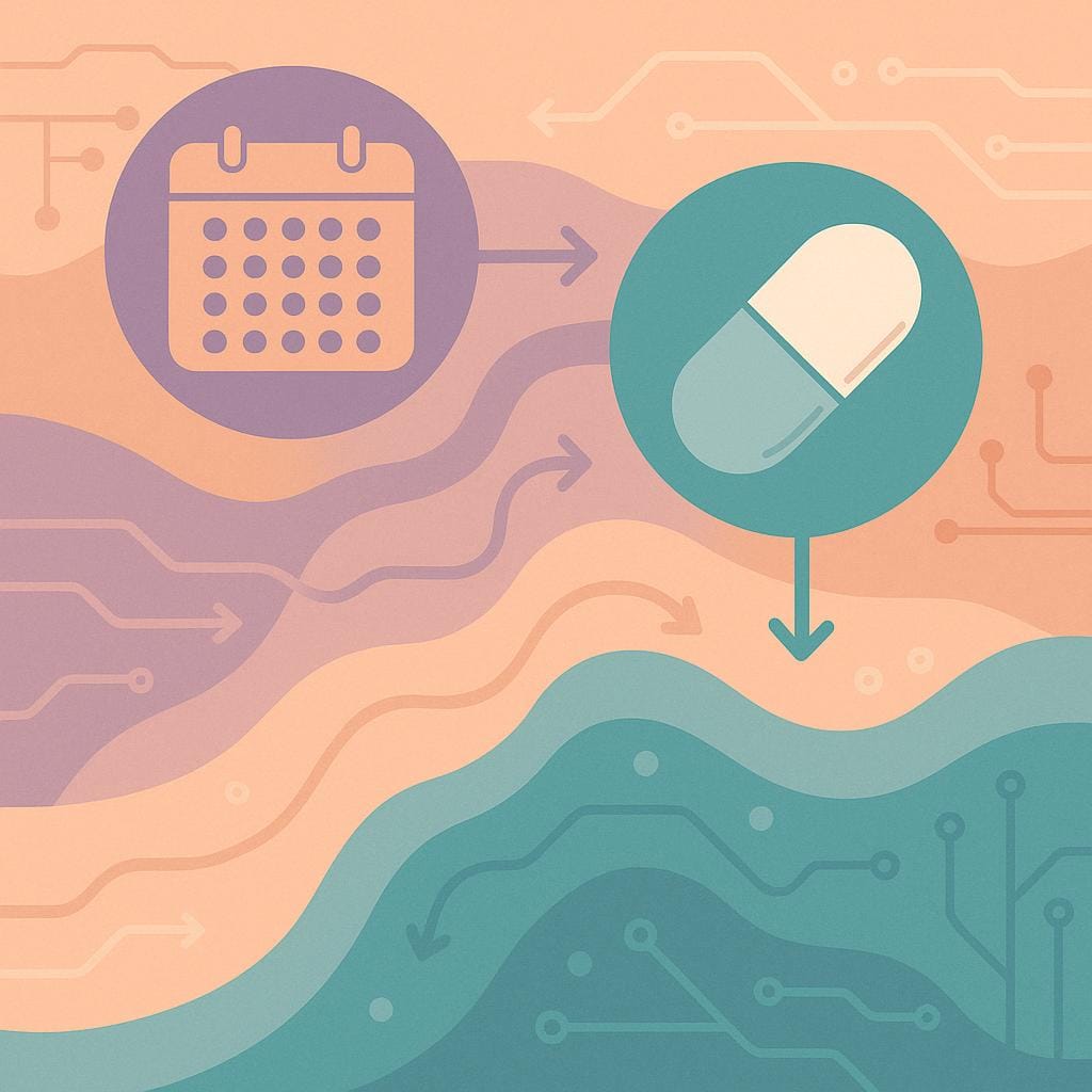Flat vector illustration of abstract pill icons and directional waves, symbolizing medication absorption and interactions.