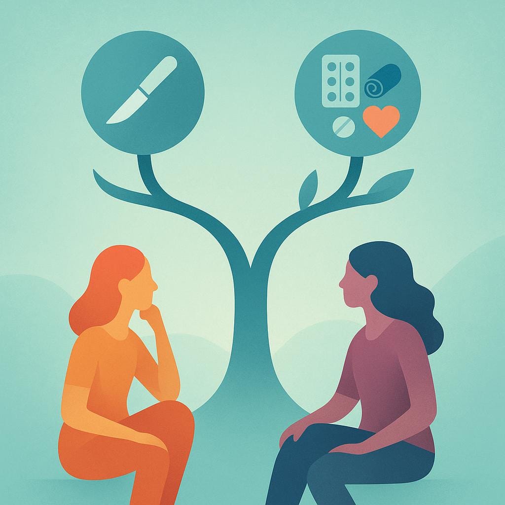 A flat vector illustration of a female silhouette standing at a decision tree, with symbolic branches representing surgery and alternative options for endometriosis or adenomyosis.