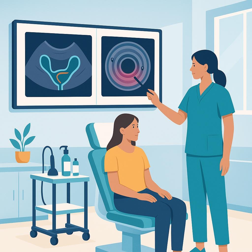 A female clinician reviews side-by-side TVS and ERUS ultrasound images with a female patient in a bright exam room to illustrate mapping before bowel endometriosis surgery.