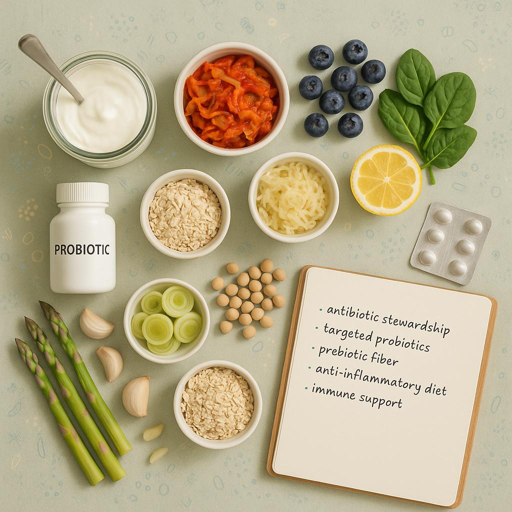 Overhead hybrid flat-lay of probiotic and prebiotic foods with a neutral probiotic bottle, a discreet antibiotic blister pack, and an evidence-based checklist, overlaid with a subtle microbiome pattern to illustrate the gut–endometriosis connection.