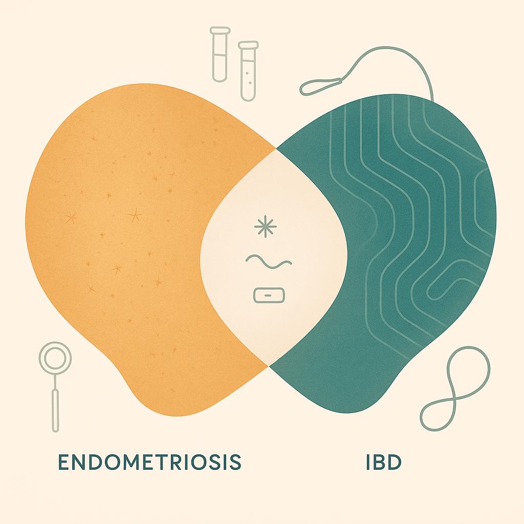 Abstract Venn-style composition with textured shapes for endometriosis and IBD, overlapping to show shared symptoms, with subtle icons for laparoscopy, colonoscopy, and lab testing on a calm, minimalist background.
