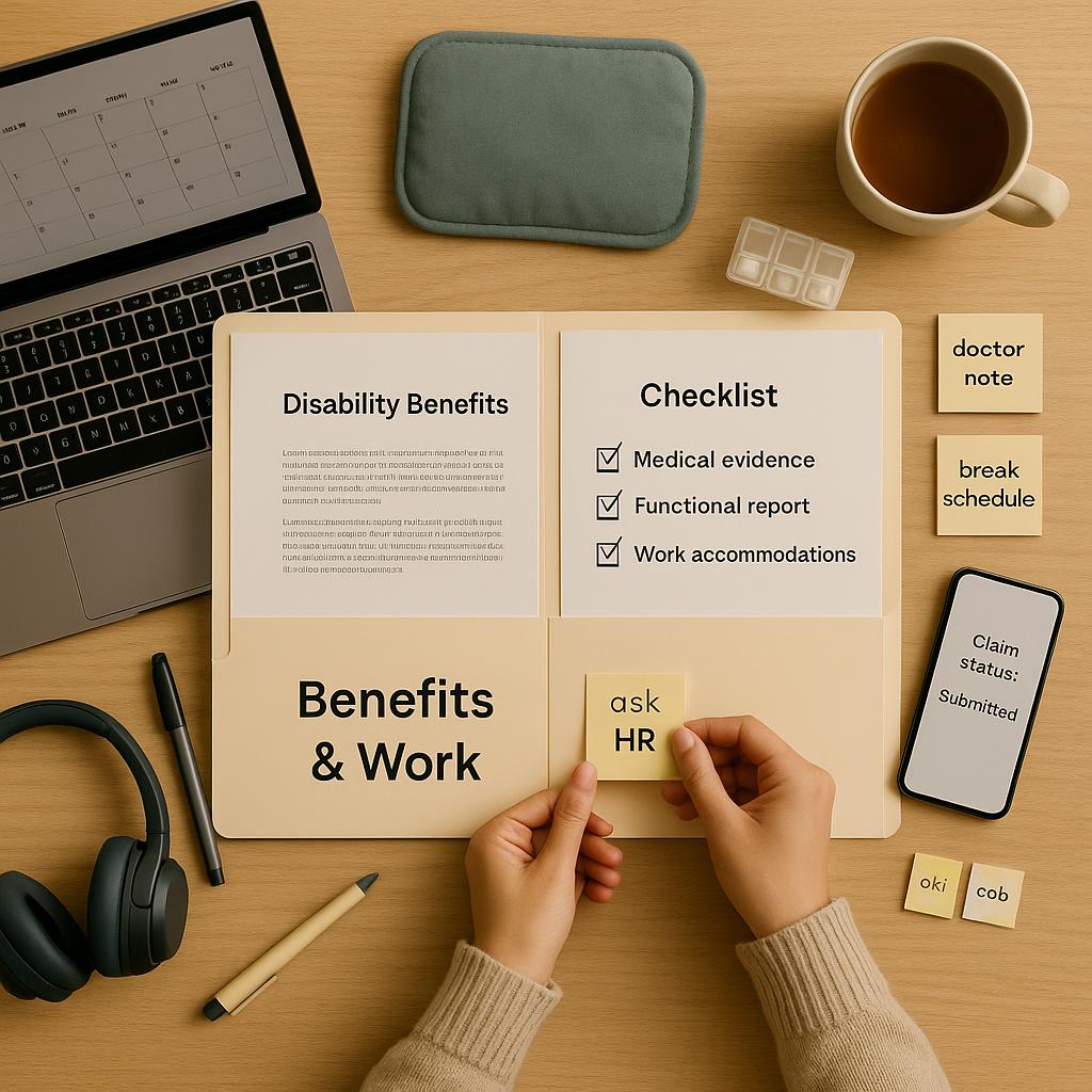 Top-down view of a tidy home desk with a ‘Disability Benefits’ folder, laptop calendar, checklist, pill organizer, and heat pad, as hands place a sticky note about work accommodations.