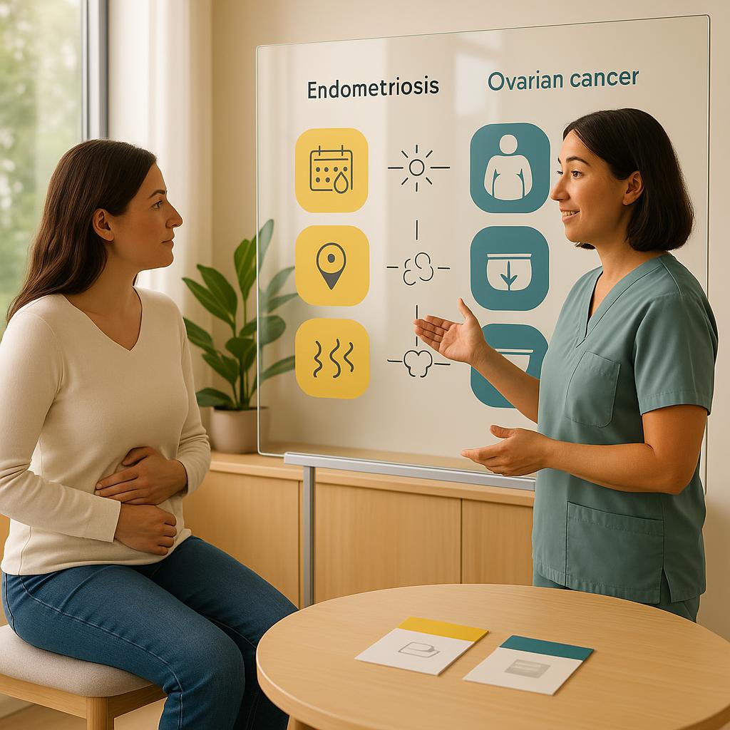 Clinician and patient compare two color‑coded columns of symptom icons on a glass board in a bright consult room to distinguish endometriosis from ovarian cancer and discuss specialist options.