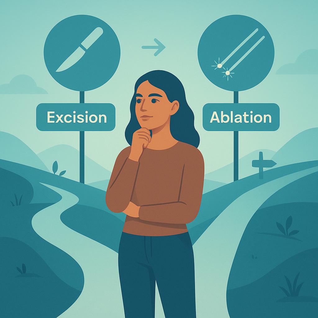 Flat vector illustration depicting a woman standing at a crossroads, choosing between two stylized paths representing excision and ablation surgery options for endometriosis.