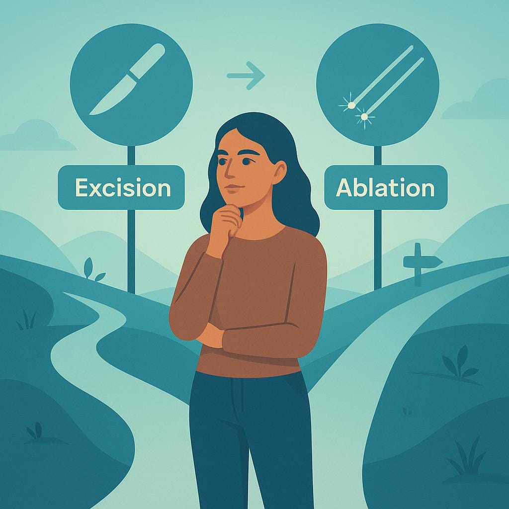 Flat vector illustration depicting a woman standing at a crossroads, choosing between two stylized paths representing excision and ablation surgery options for endometriosis.