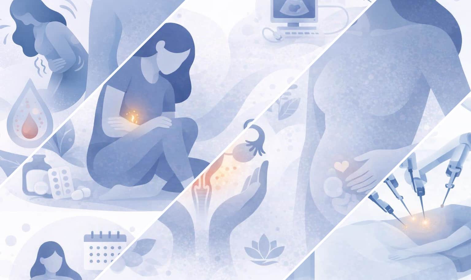 An illustrative collage of different aspects of endometriosis and adenomyosis care.