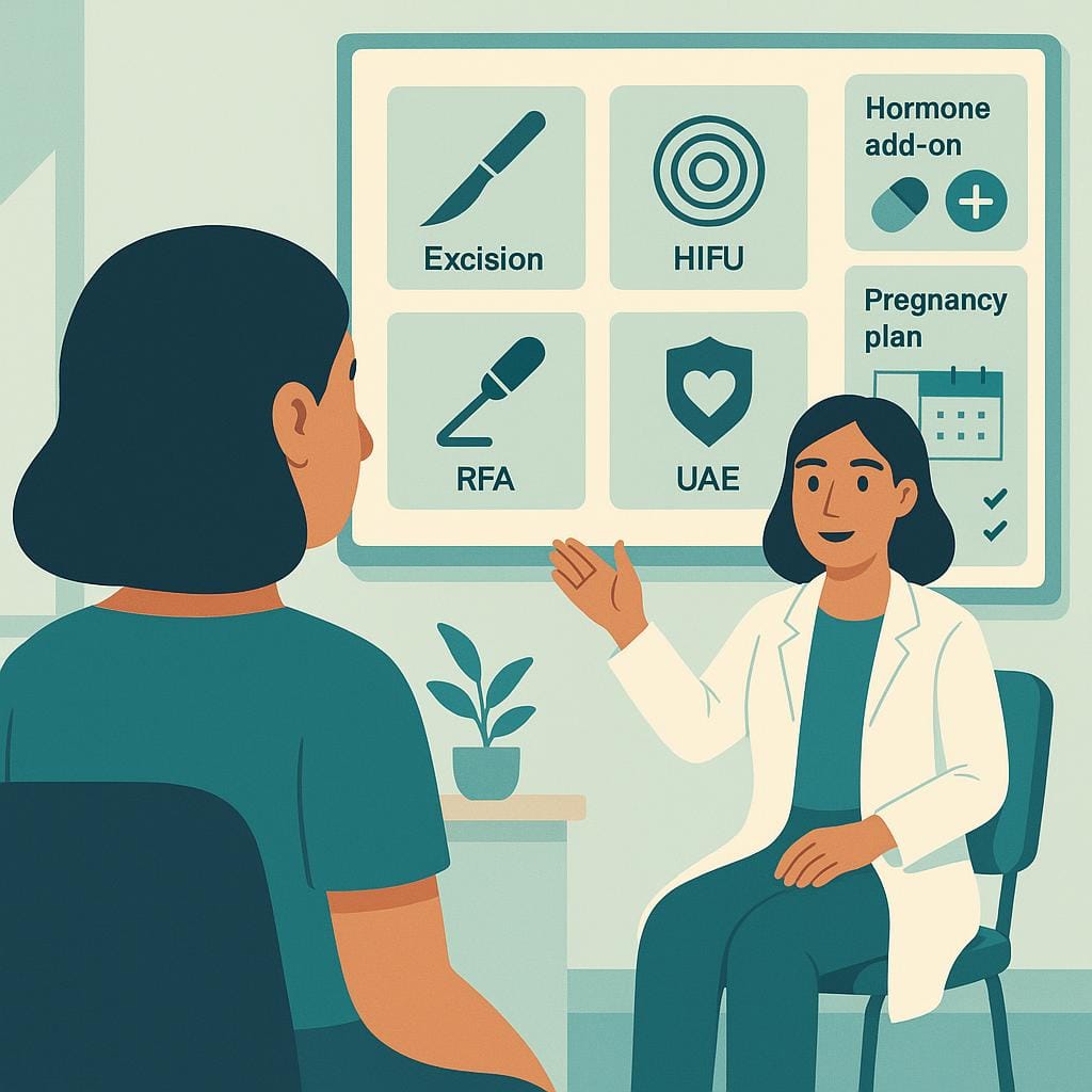 From a patient’s perspective, a female fertility specialist points to a clinic screen comparing excision, HIFU, RFA, and UAE alongside a hormone add‑on and a pregnancy safety plan.