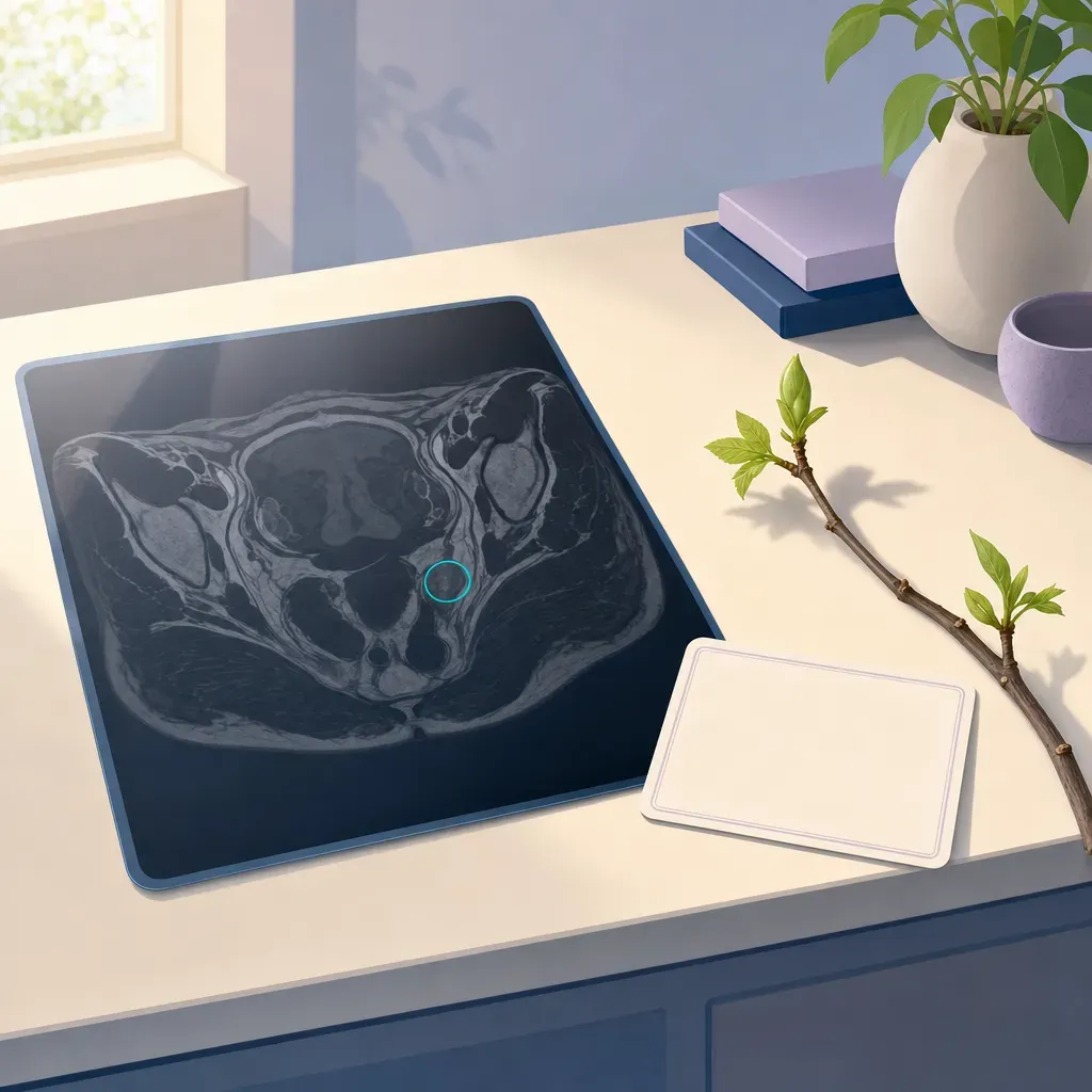 A pelvic MRI film with one circled area lies beside a blank appointment card and a budding branch.