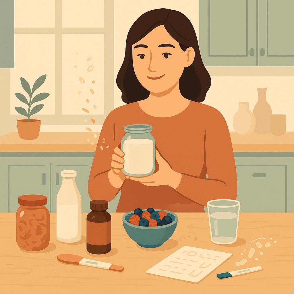 A woman in a sunlit kitchen holds a jar of yogurt beside fermented foods while prenatal vitamins and an ovulation test rest on the counter, linked by a faint trail of stylized microbes.