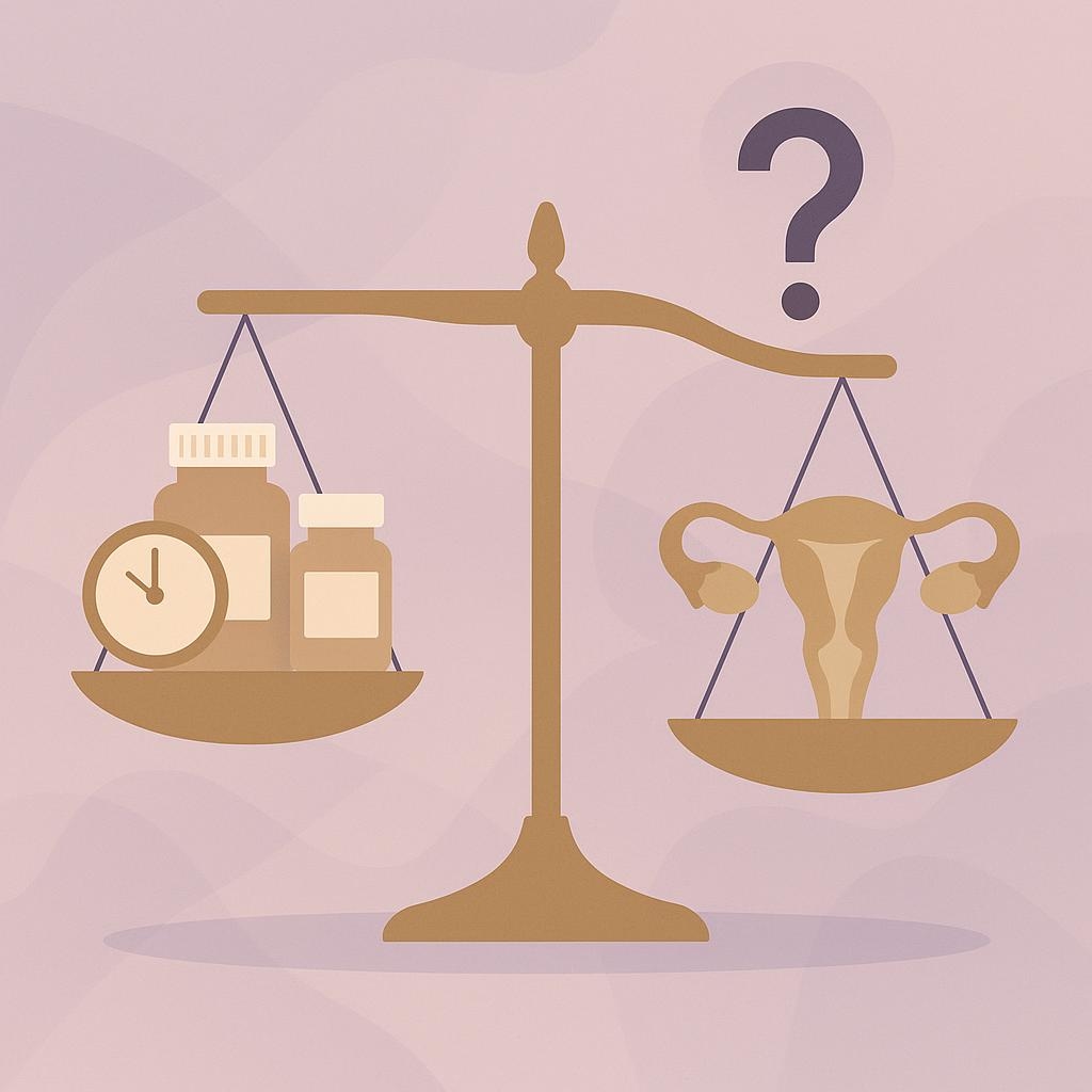 Flat vector illustration of a symbolic balance scale weighing hormone therapy options against diagnostic uncertainty, using pill bottles and medical icons.