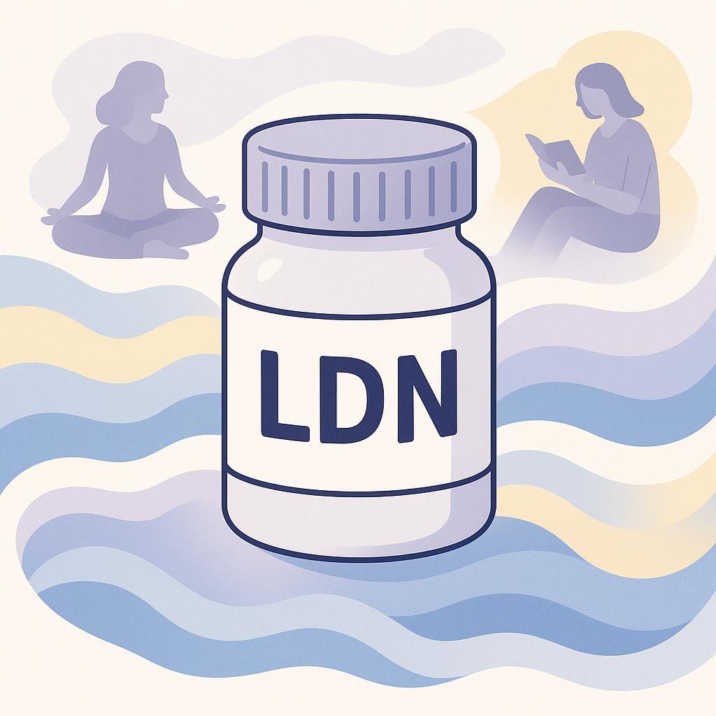 Vector illustration of a Low-Dose Naltrexone bottle at the center with abstract waves and calm female figures in the background, symbolizing relief and hope.