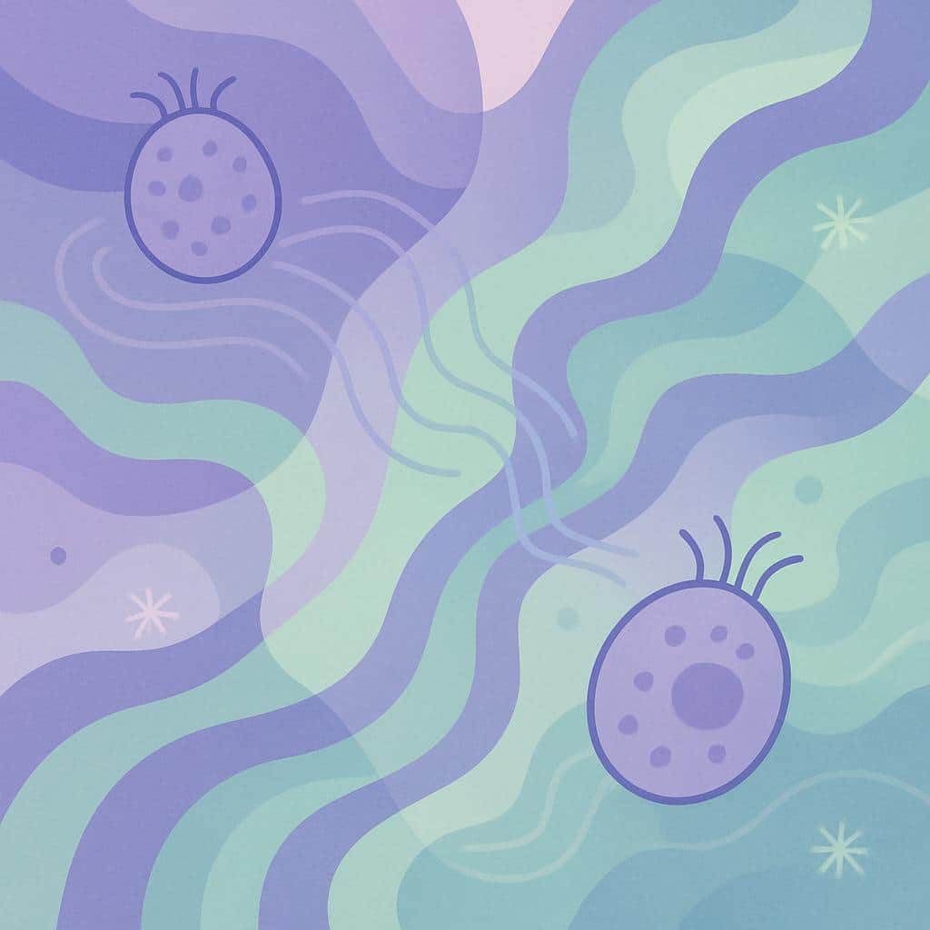 Flat vector illustration of swirling abstract forms with glowing waves and mast cell motifs in soothing purple and green tones, viewed from above to suggest microscopic immune system activity.