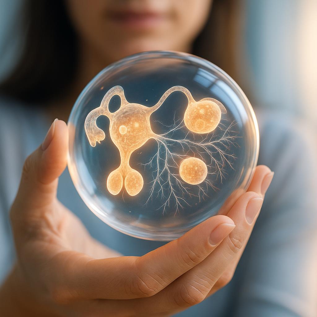 A photorealistic close-up of a woman's hand holding a glass sphere that shows glowing molecular structures and fine fibrous strands inside, symbolizing ovarian health and fibrosis.