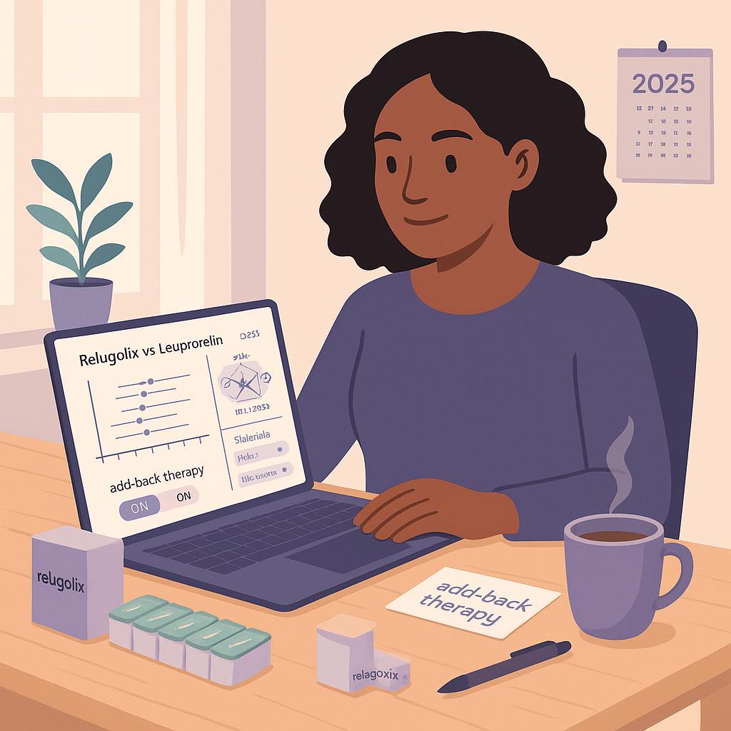 A Black woman in a modern home office reviews a laptop showing a clean forest plot comparing relugolix and leuprorelin with an EHP-30 chart, a note about add-back therapy, and a pill organizer on the desk.