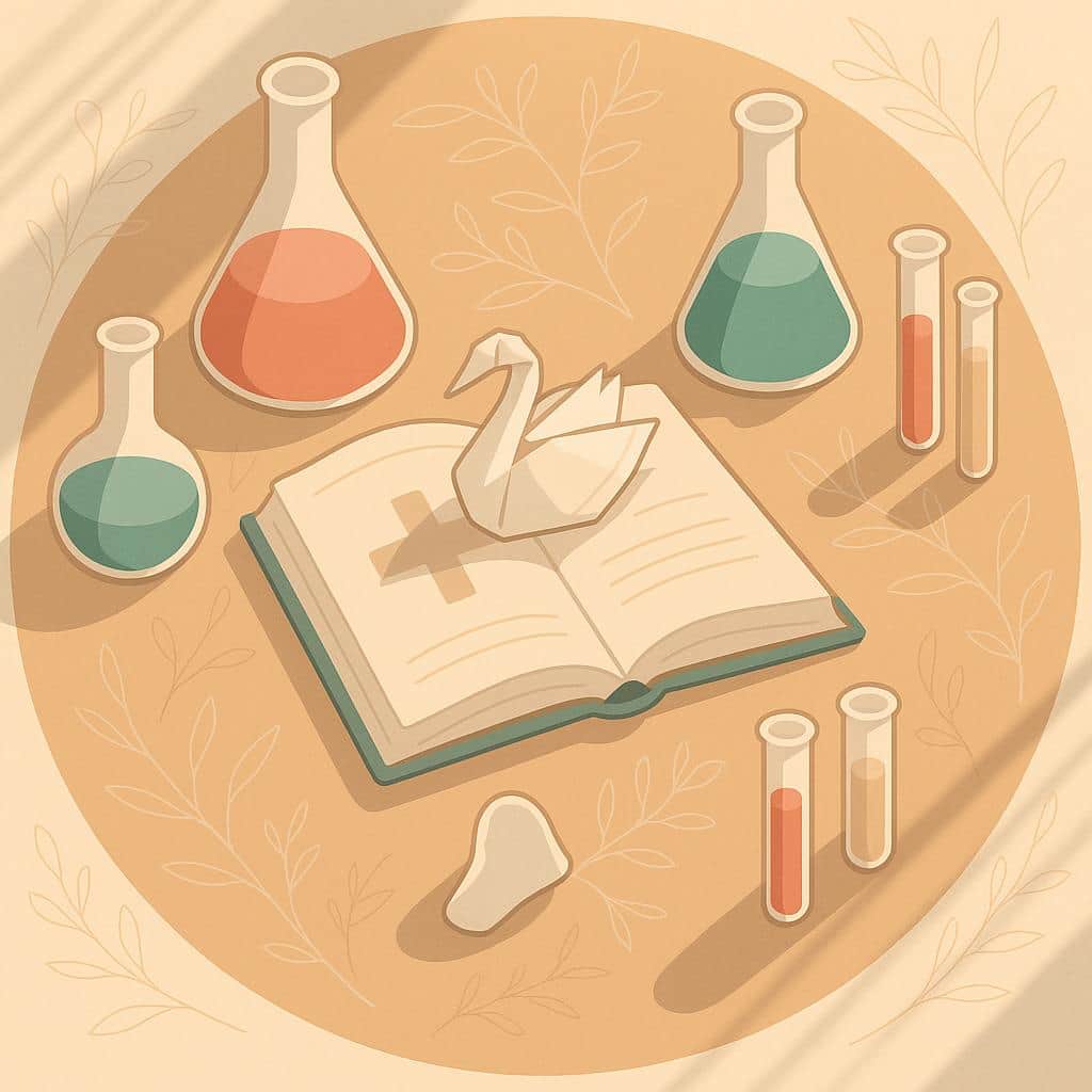 Top-down flat vector illustration of a circular table with scientific glassware, an origami swan atop an open book, and soft botanical linework, symbolizing the complexity and variation of a retroverted uterus.