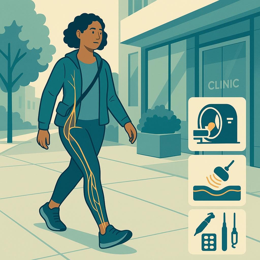 Three-quarter view of a woman mid-step on a city sidewalk near a clinic, with a subtle amber overlay tracing the sciatic nerve down one leg and a side panel of MRI, ultrasound, and laparoscopic treatment icons.