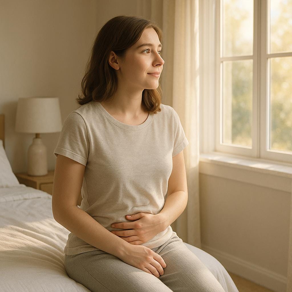 Photorealistic scene of a hopeful woman sitting on the edge of a sunlit bed, reflecting on her recovery after deep endometriosis surgery.