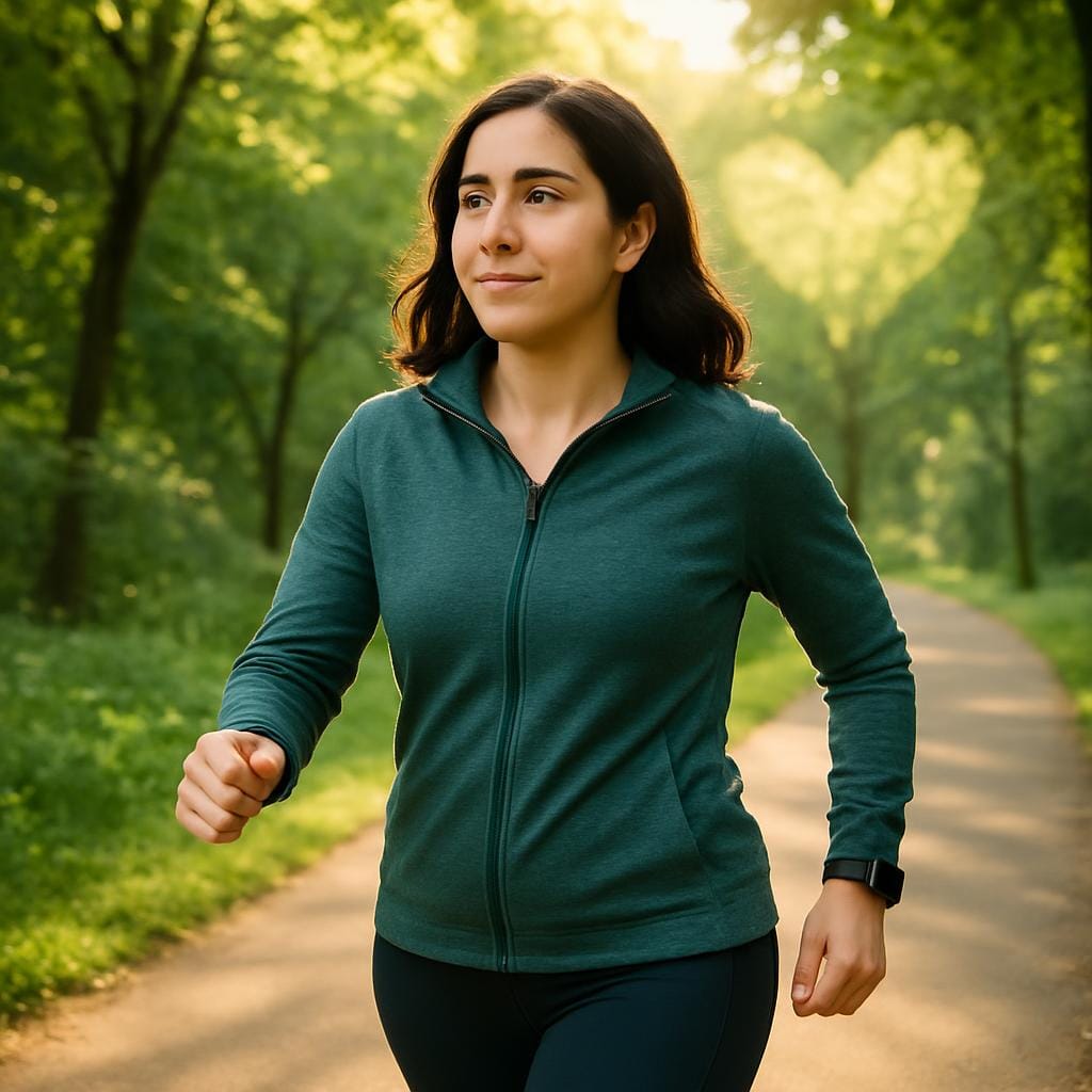 Photorealistic scene of a woman in athletic wear walking on a tree-lined path, symbolizing proactive heart health with endometriosis.