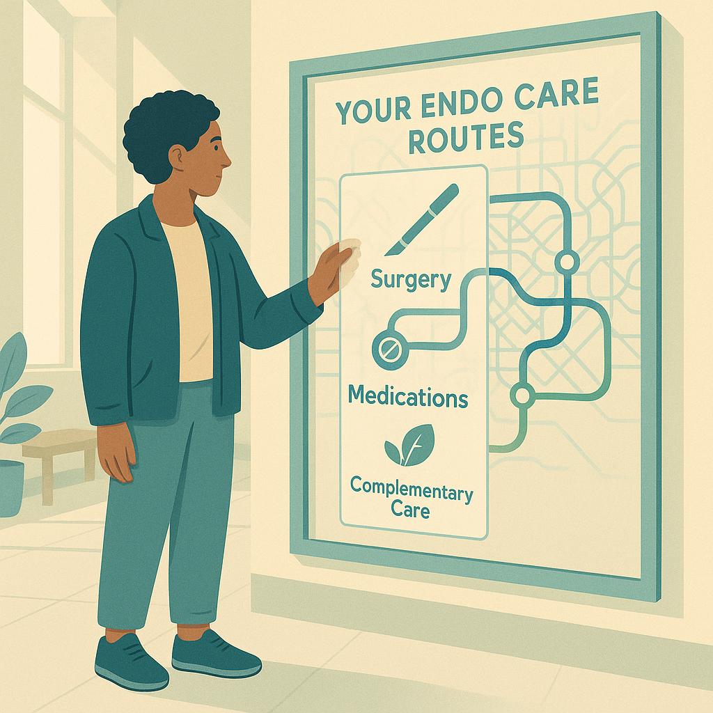 Eye-level scene of a person aligning a clear overlay on a transit-style care map to reveal three simplified routes—surgery, medications, and complementary care—signaling clarity amid mixed messages.