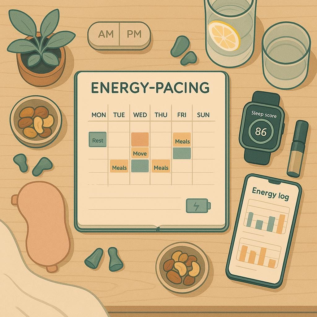 Top-down view of a bedside table with a pacing planner, sleep tracker, water, supplements, and eye mask, highlighting practical strategies for endometriosis-related fatigue.