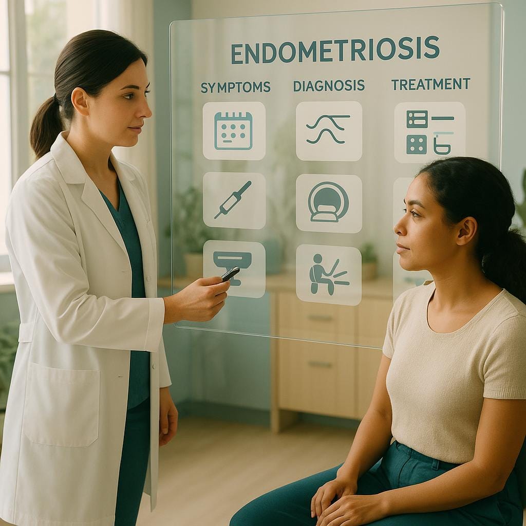 Three-quarter photoreal view of a gynecology consult where a clinician explains an icon-based endometriosis care pathway on a glass board to a woman, covering symptoms, diagnosis, and treatment.