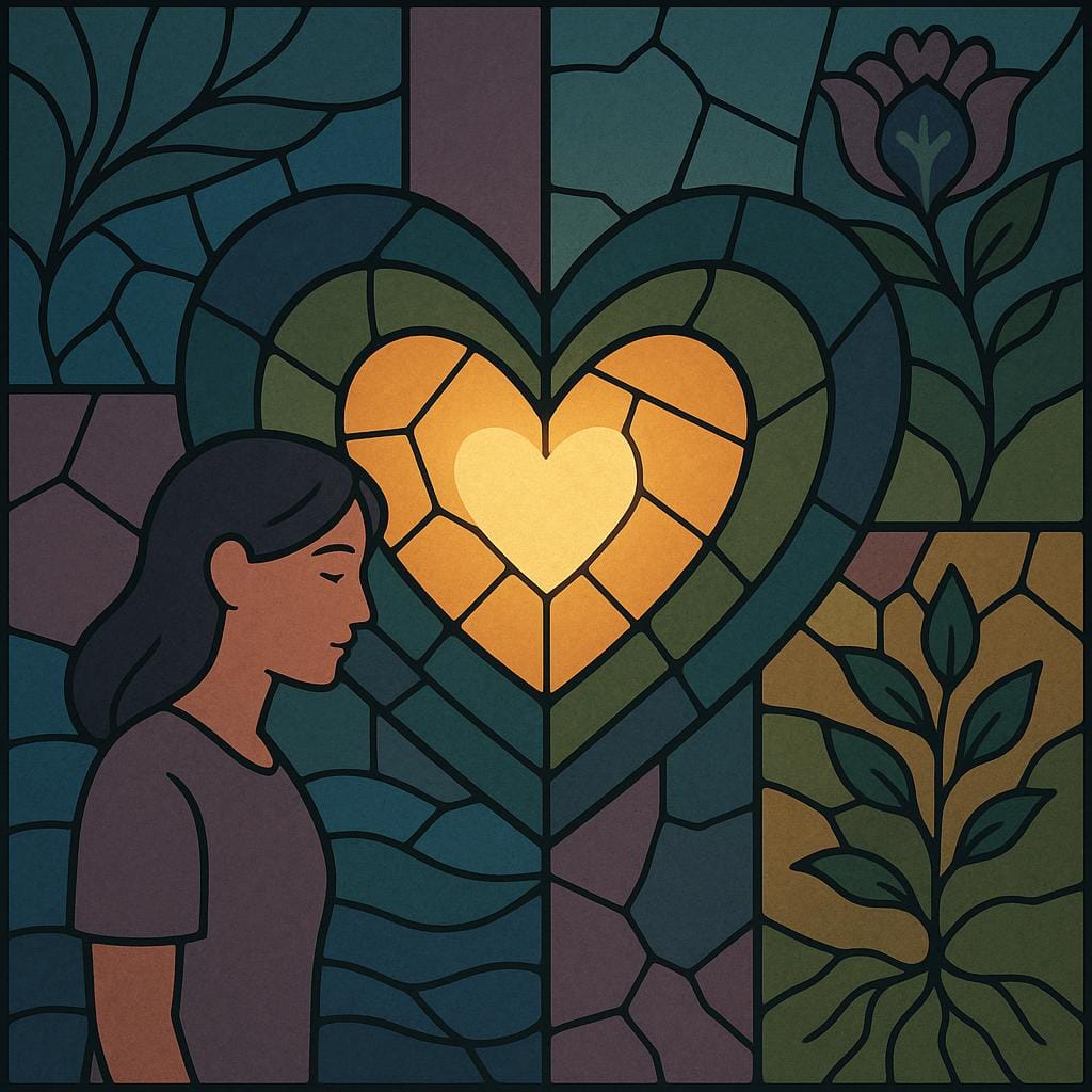 Flat vector illustration of a stained-glass window with fractured colorful panes and a glowing heart-shaped center, symbolizing resilience and complexity after failed endometriosis surgery.