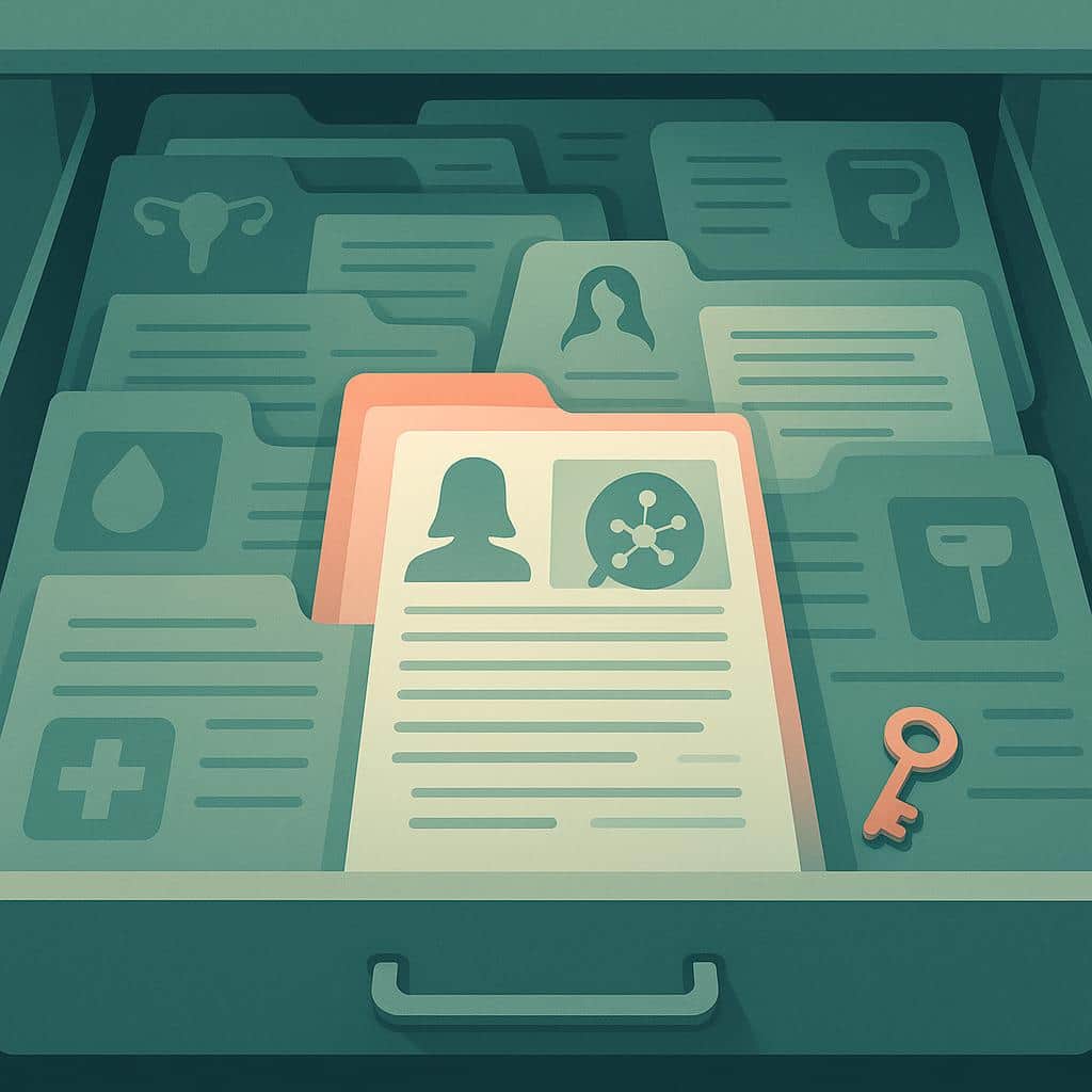 Flat vector illustration of an open medical file drawer filled with overlapping folders, with a glowing folder and a small key symbolizing overlooked diagnoses.