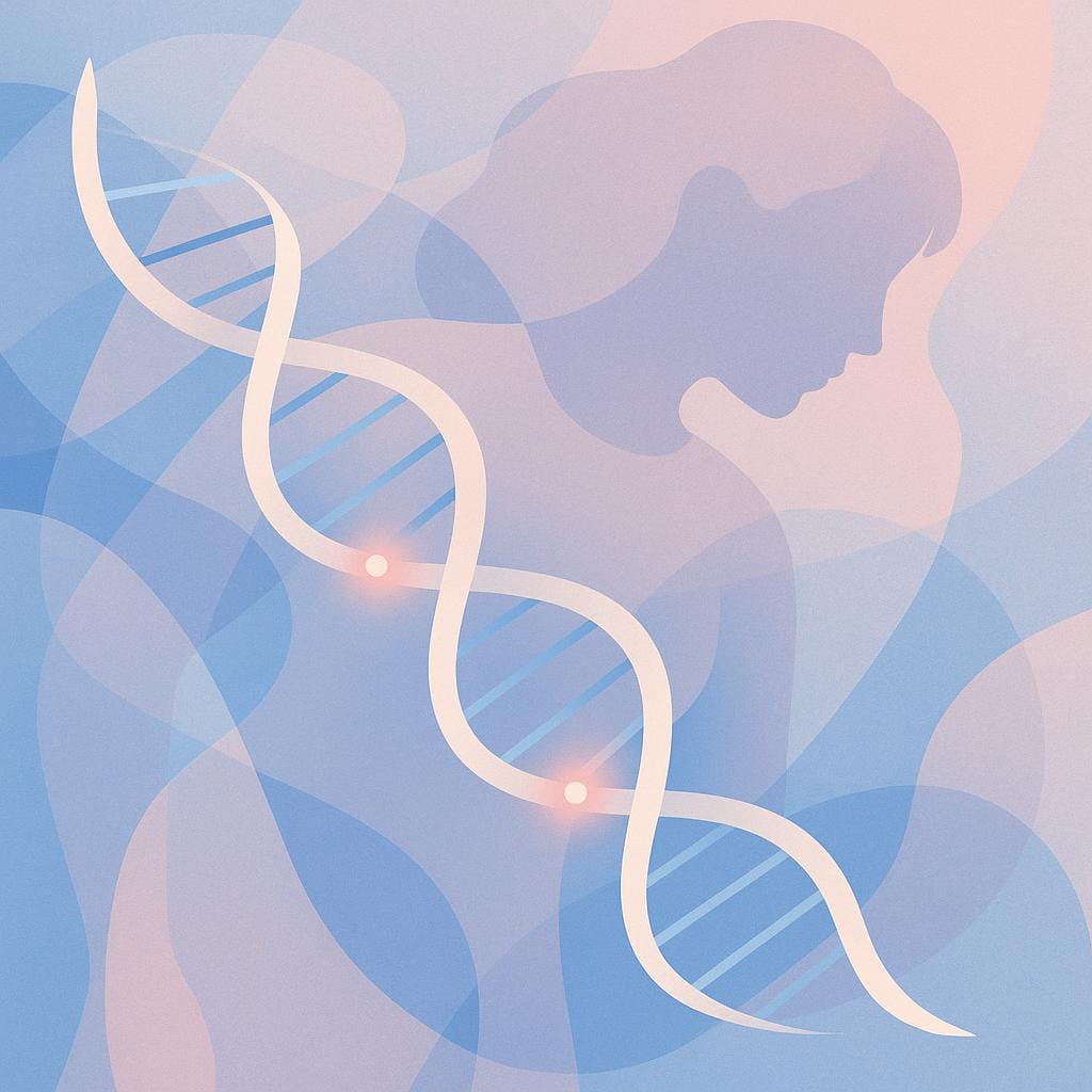 Flat vector illustration of a stylized DNA double helix with glowing points, softly blended with feminine colors and abstract shapes, suggesting genetic research in women's health.