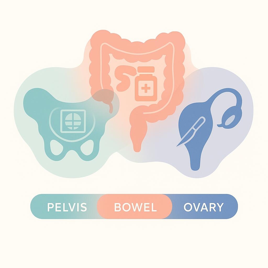 Flat vector illustration of three color-coded anatomical silhouettes (pelvis, bowel, ovary) interlinked with minimal icons representing different endometriosis types and their treatments.